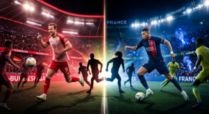 A professional editorial composition featuring a split-screen design comparing two elite football st