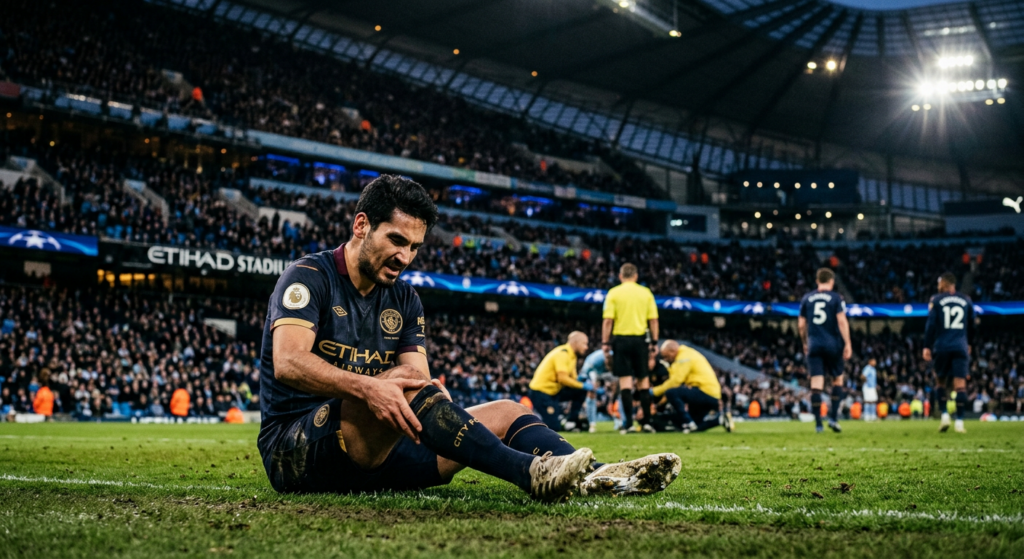 A high-end editorial photograph of a professional soccer player sitting on the pitch with a knee inj