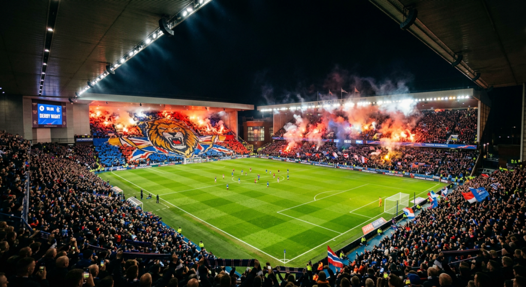 A high-angle cinematic shot of a vibrant football stadium during a nighttime match, featuring an int