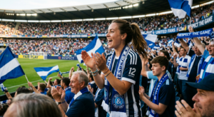 A professional, editorial-style photograph of a respectful football fan in a stadium cheering with t