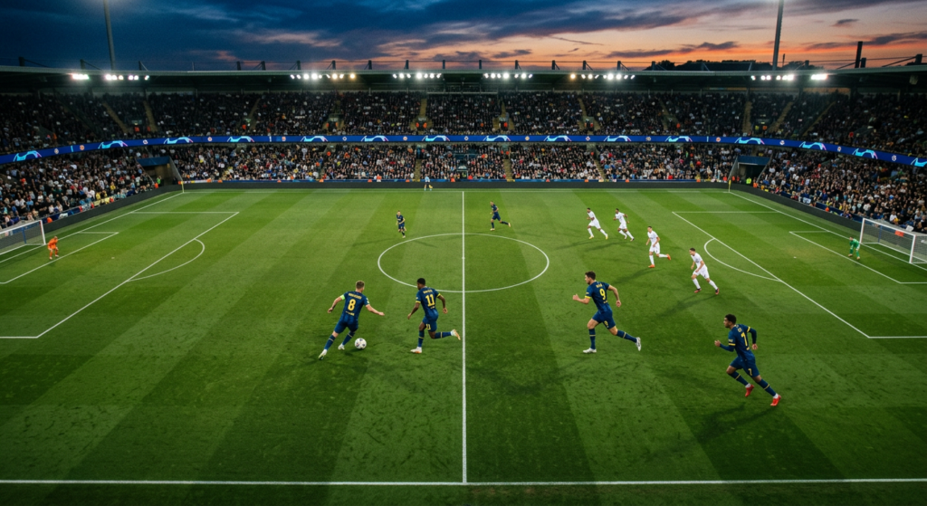 A professional, high-angle cinematic shot of a football pitch at dusk, capturing a dynamic moment of