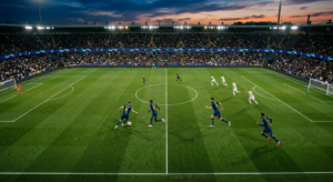 A professional, high-angle cinematic shot of a football pitch at dusk, capturing a dynamic moment of