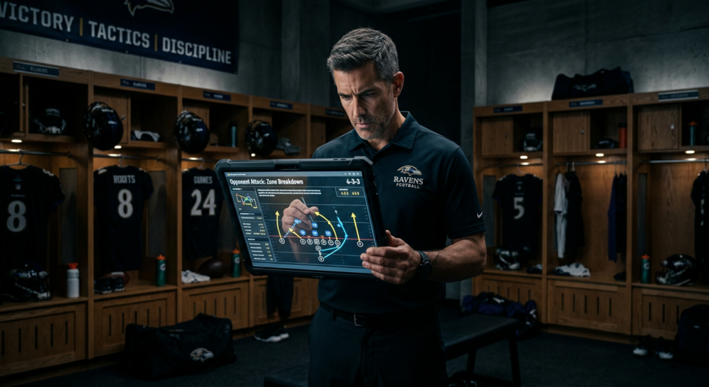 A high-end, professional cinematic shot of a focused football coach analyzing tactical player moveme