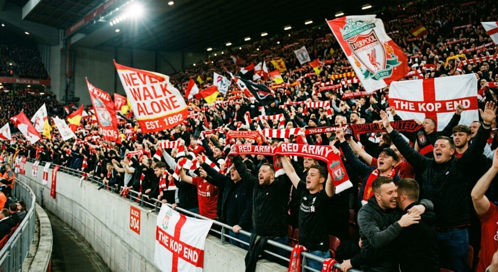 A cinematic, high-angle editorial photograph of a passionate crowd of football supporters in a stadi