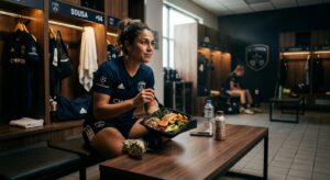 A professional editorial photograph of a professional soccer player having a healthy post-match reco