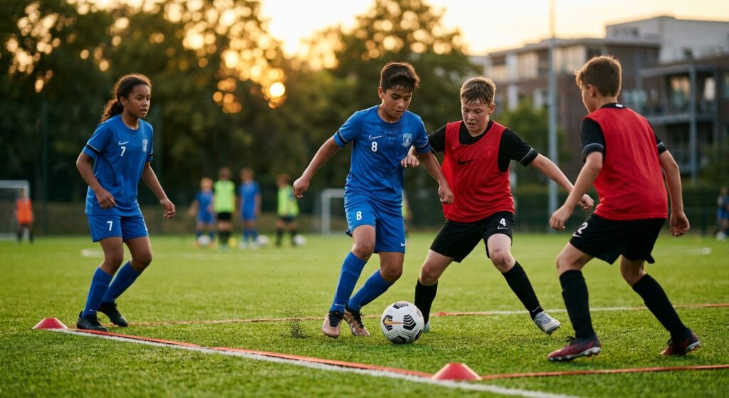 A professional, cinematic shot of young football players intensely focused on a small-sided training