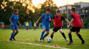 A professional, cinematic shot of young football players intensely focused on a small-sided training