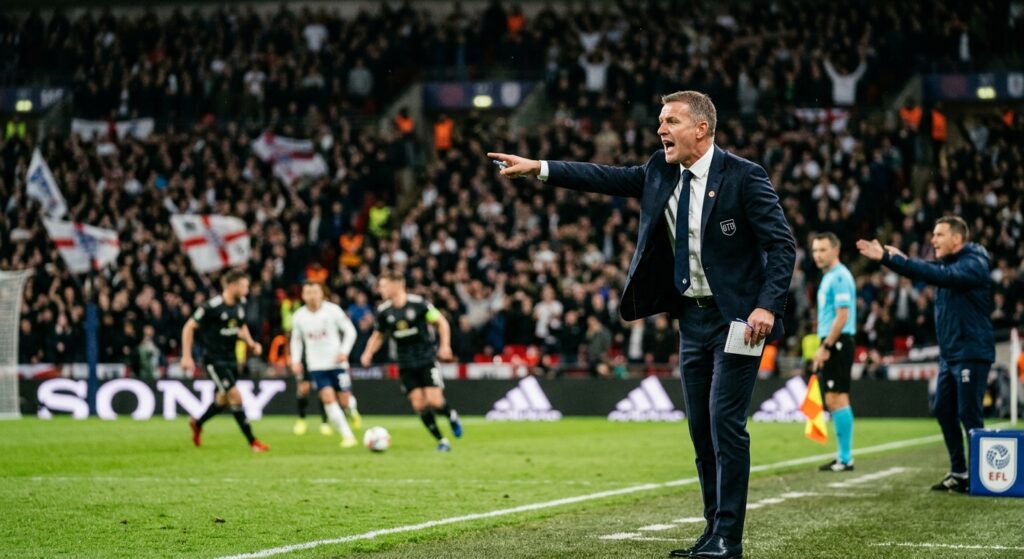 A professional cinematic shot of a football manager standing on the sidelines of a stadium during a